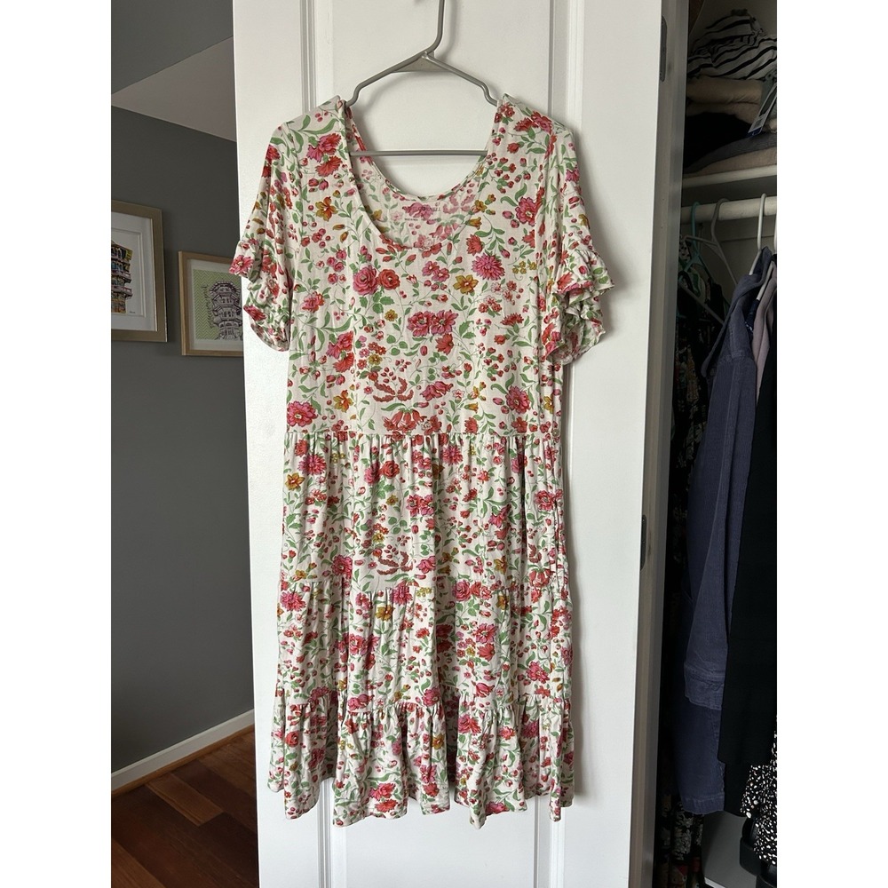 April Cornell Ivory Floral Short Sleeve Midi Dress Cottage Core Sz Small Tiered